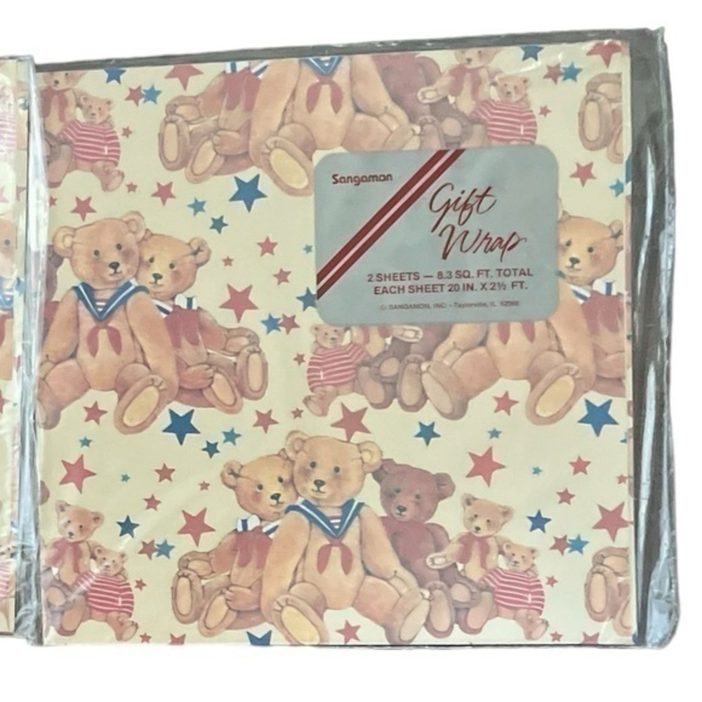 New Patriotic Teddy Bear Gift Wrap 2 Packages Sealed All Occassion Stars Rare